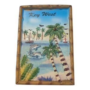 VTG Bamboo Framed Key West, FL Breach Front With Dolphins Fridge Magnet 3"